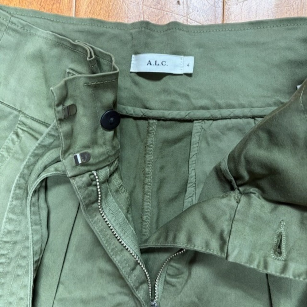 A.L.C. Pants Womens 4 Green Paperbag Waist Cargo Cuffed Tie Belt Cotton Preppy - Picture 8 of 11